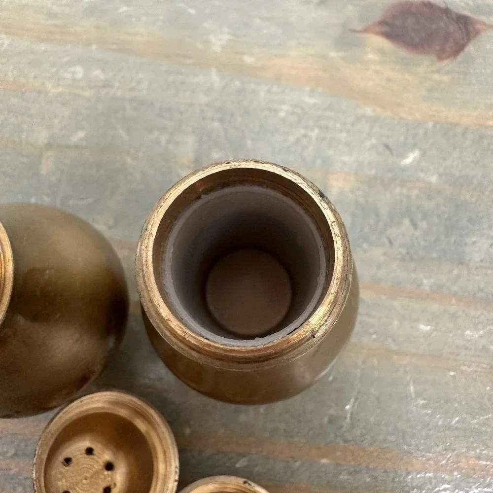 Vintage MCM Solid Brass Salt And Pepper Shakers Lined Screw on Lid Patina Clean